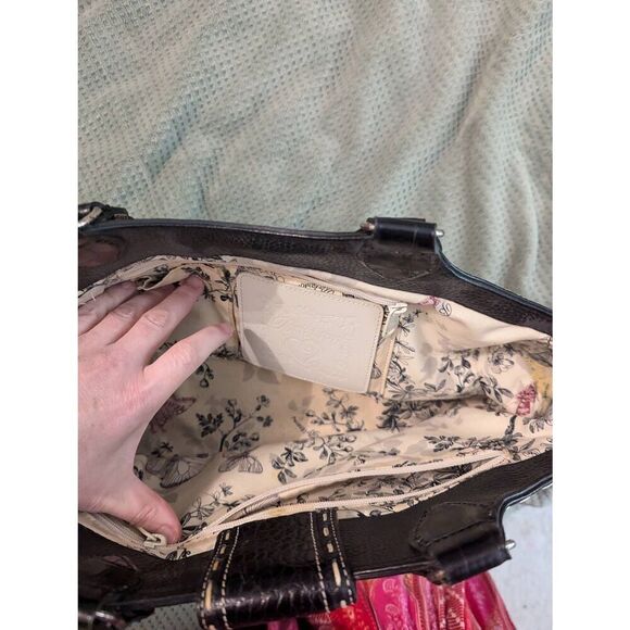 Brighton Handbag Shoulder Bag Woven Straw Patent Croc Leather Studded Satchel - Picture 5 of 8